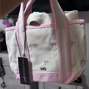 Madden Girl Pink and Cream Structured Tote Bag with bows